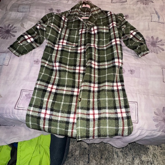 Plaid Green and Red Pea Coat - Picture 6 of 14
